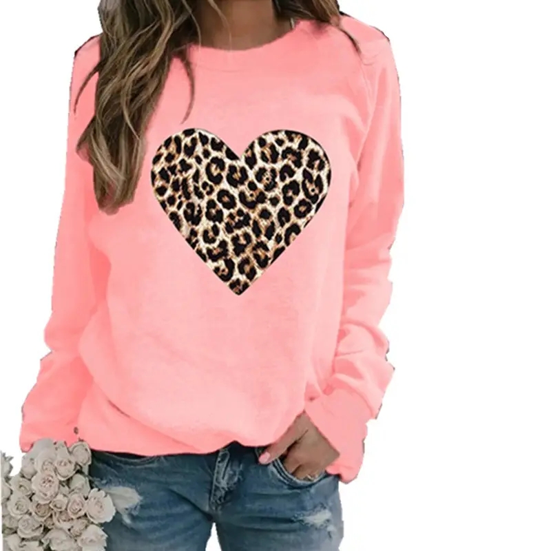Women's Leopard Heart Hoodless Fleece Crewneck Top