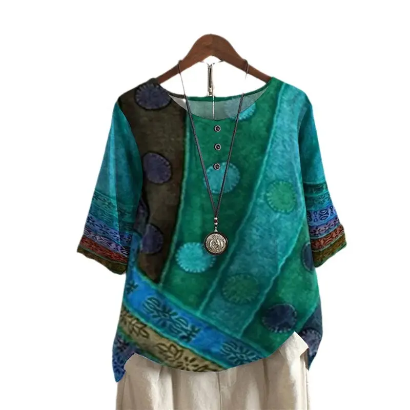 Women Geometric Digital Print T-Shirt Purple Round Neck