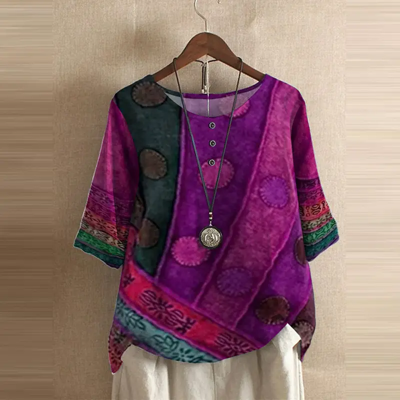 Women Geometric Digital Print T-Shirt Purple Round Neck