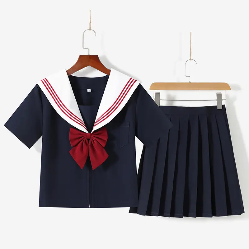 Factory Japanese JK Uniform White Collar Red Three Sailor Suit Skirt Set - Image 2
