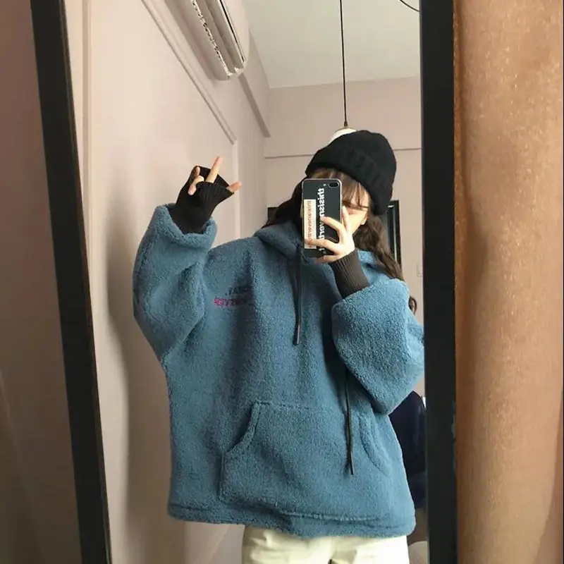 Women's Blue Fleece Hoodie Lazy Style 2025 Winter - Image 6