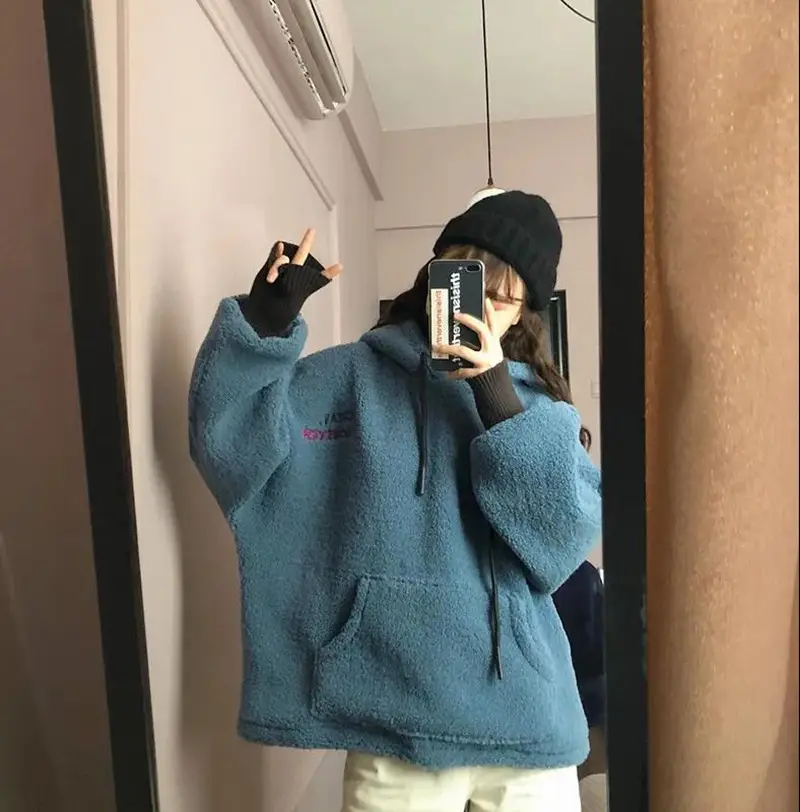 Women's Blue Fleece Hoodie Lazy Style 2025 Winter - Image 2