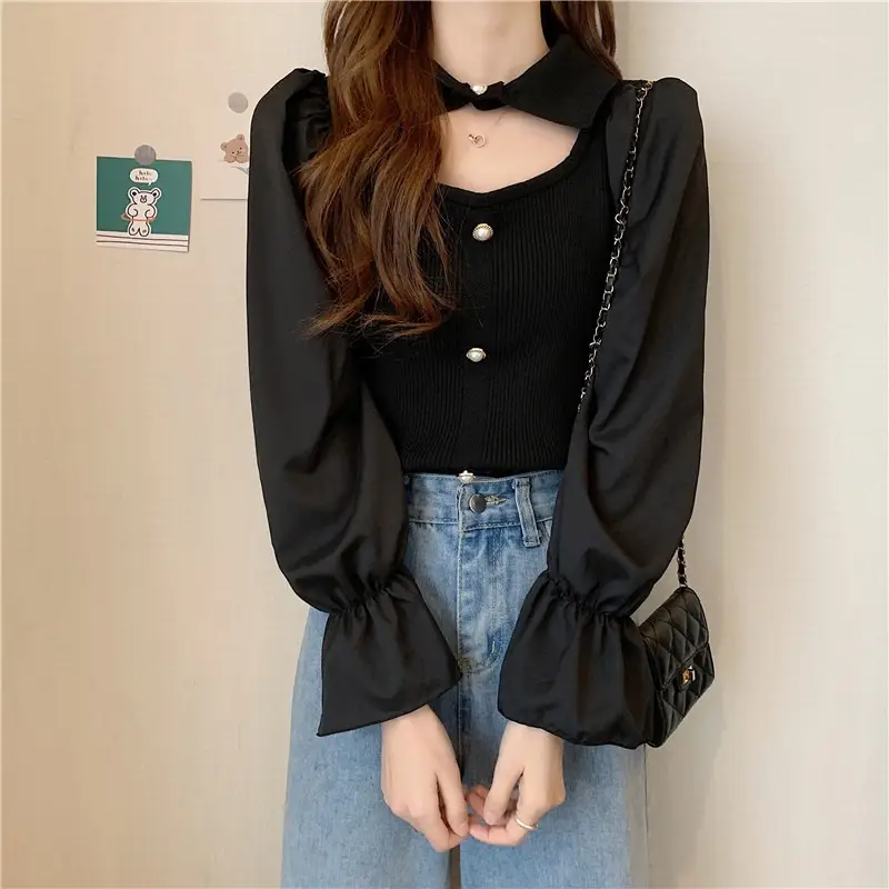 Black K-Style Puff Sleeve Shirt with Polo Collar - Image 3