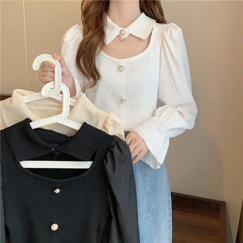 Black K-Style Puff Sleeve Shirt with Polo Collar - Image 4