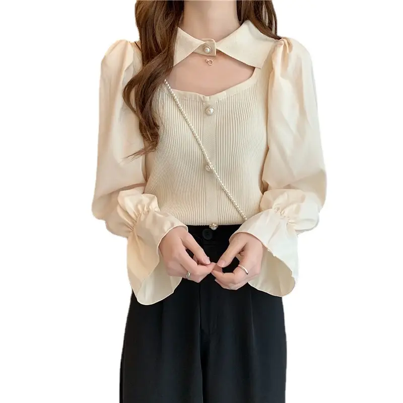 Black K-Style Puff Sleeve Shirt with Polo Collar - Image 5