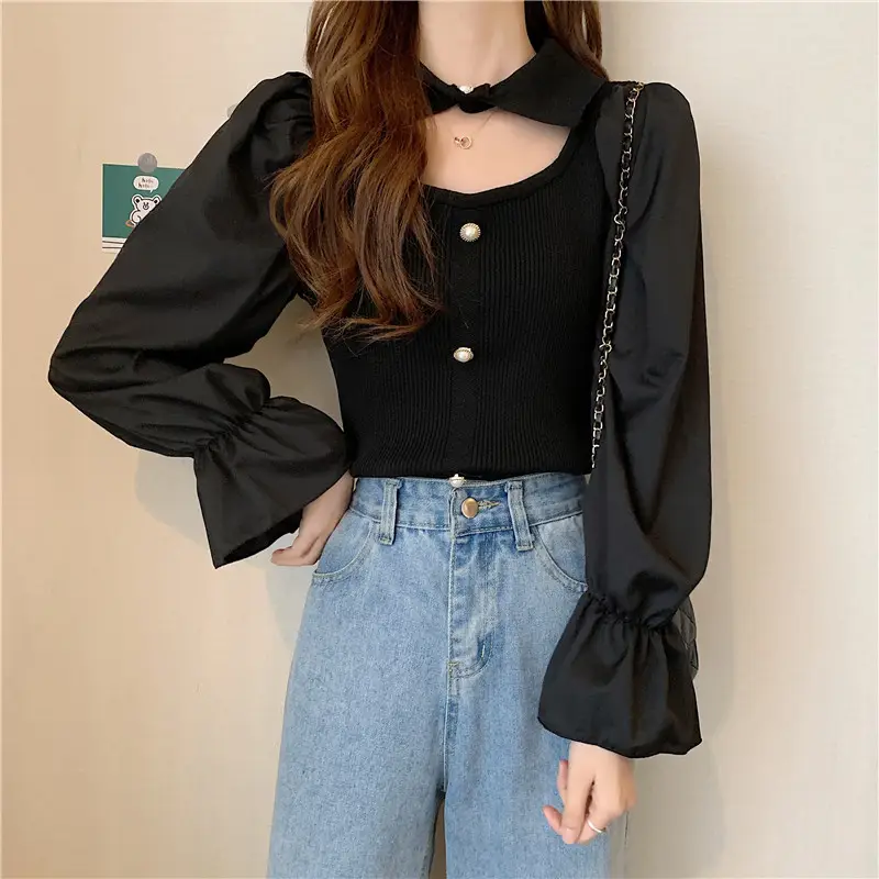Black K-Style Puff Sleeve Shirt with Polo Collar — feature 11