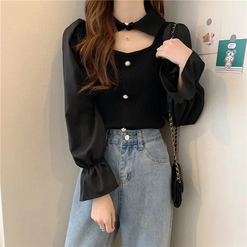 Black K-Style Puff Sleeve Shirt with Polo Collar — feature 12