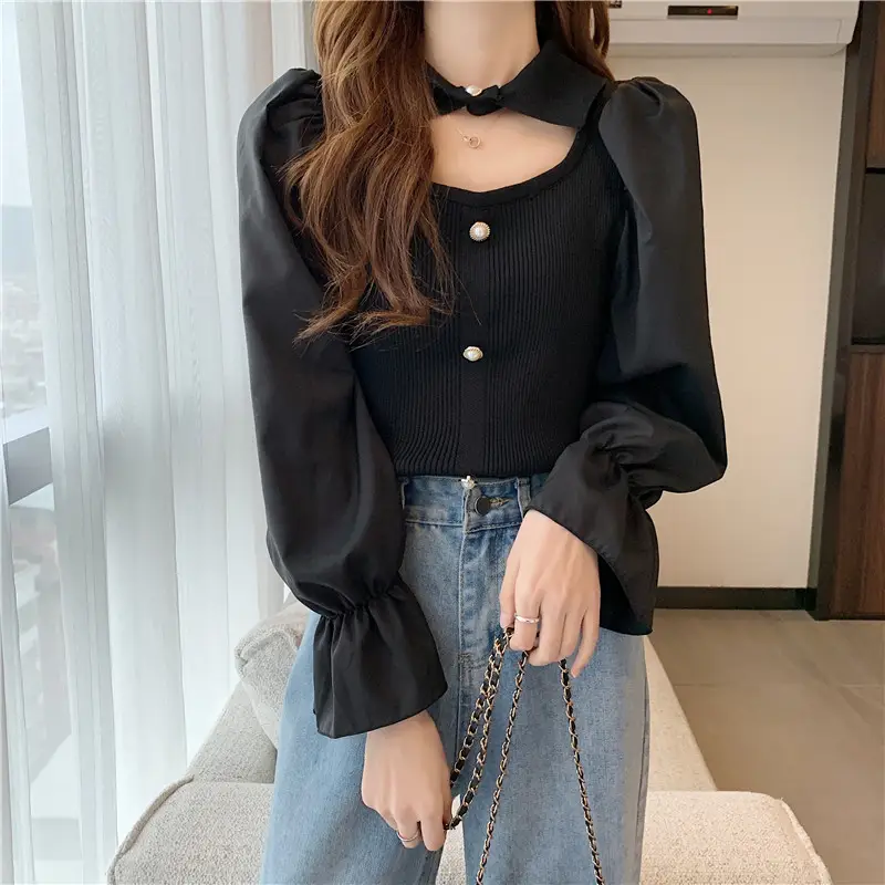 Black K-Style Puff Sleeve Shirt with Polo Collar — feature 13