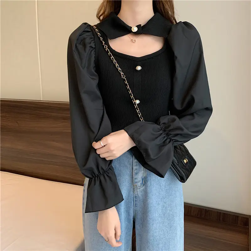 Black K-Style Puff Sleeve Shirt with Polo Collar — feature 14