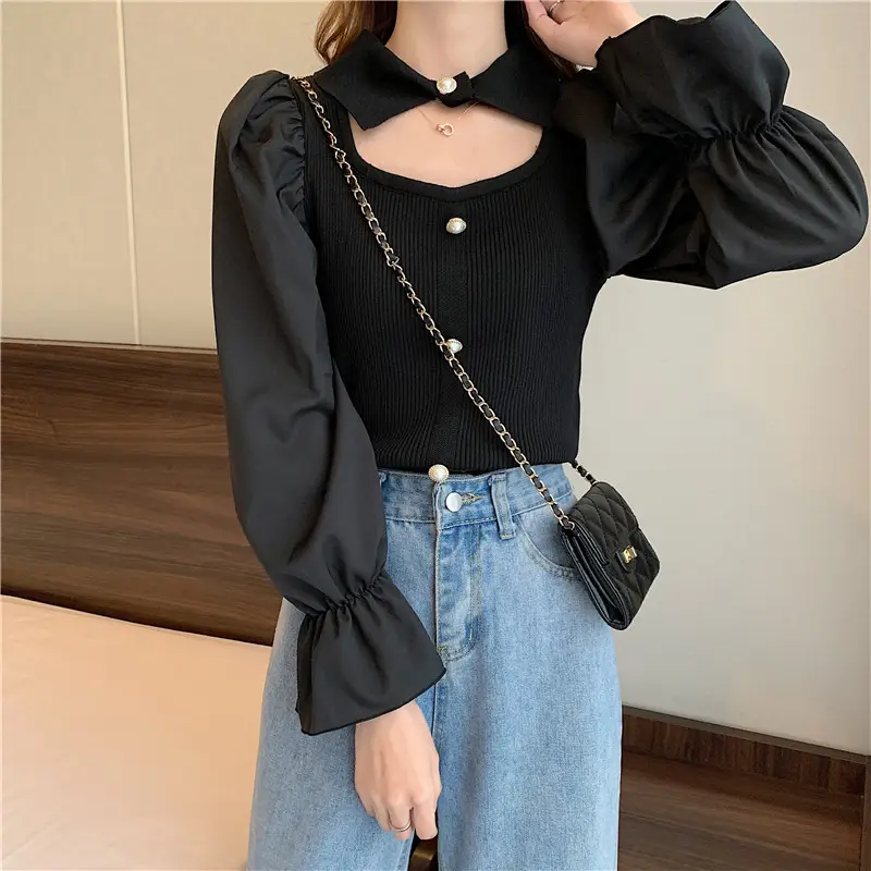 Black K-Style Puff Sleeve Shirt with Polo Collar — feature 15