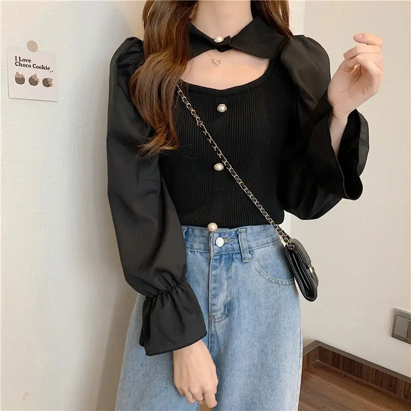 Black K-Style Puff Sleeve Shirt with Polo Collar — feature 16