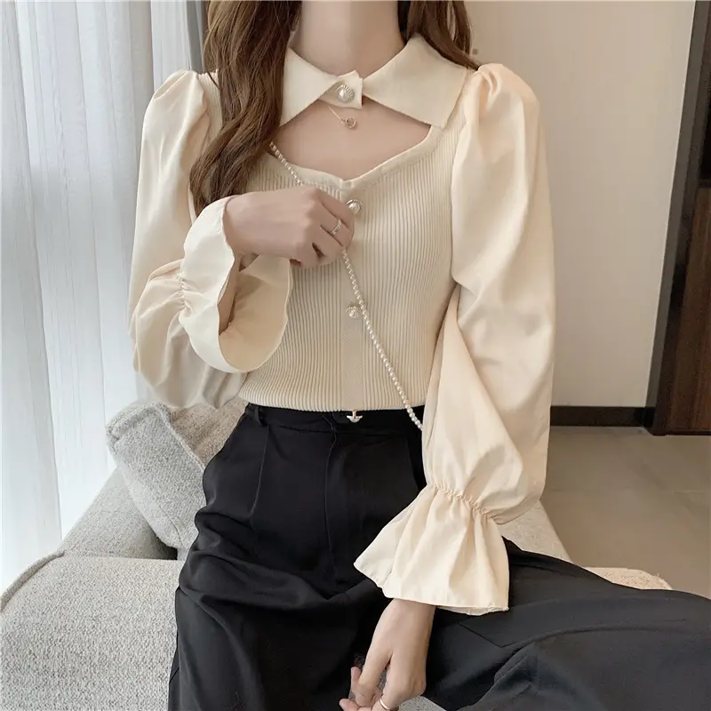 Black K-Style Puff Sleeve Shirt with Polo Collar — feature 17