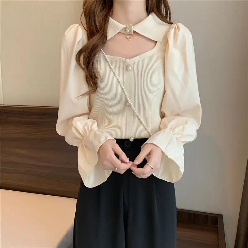 Black K-Style Puff Sleeve Shirt with Polo Collar — feature 18