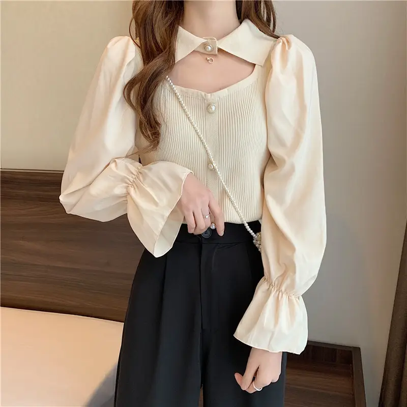 Black K-Style Puff Sleeve Shirt with Polo Collar — feature 19