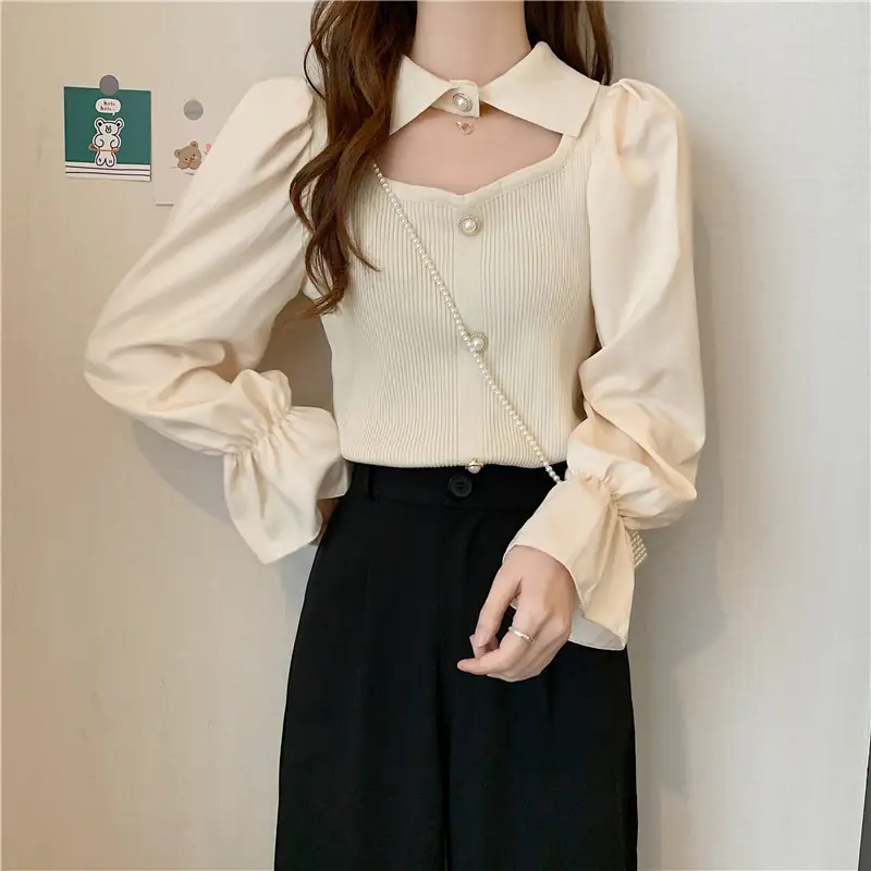Black K-Style Puff Sleeve Shirt with Polo Collar — feature 20