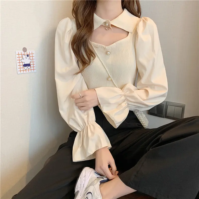 Black K-Style Puff Sleeve Shirt with Polo Collar — feature 21