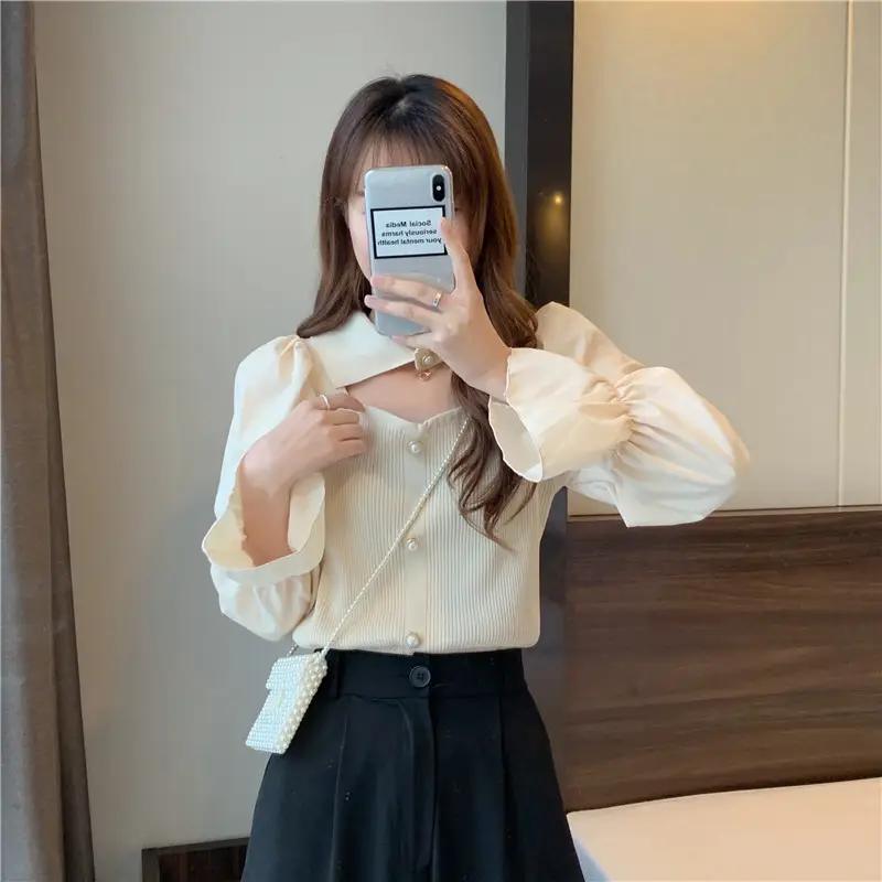 Black K-Style Puff Sleeve Shirt with Polo Collar — feature 22