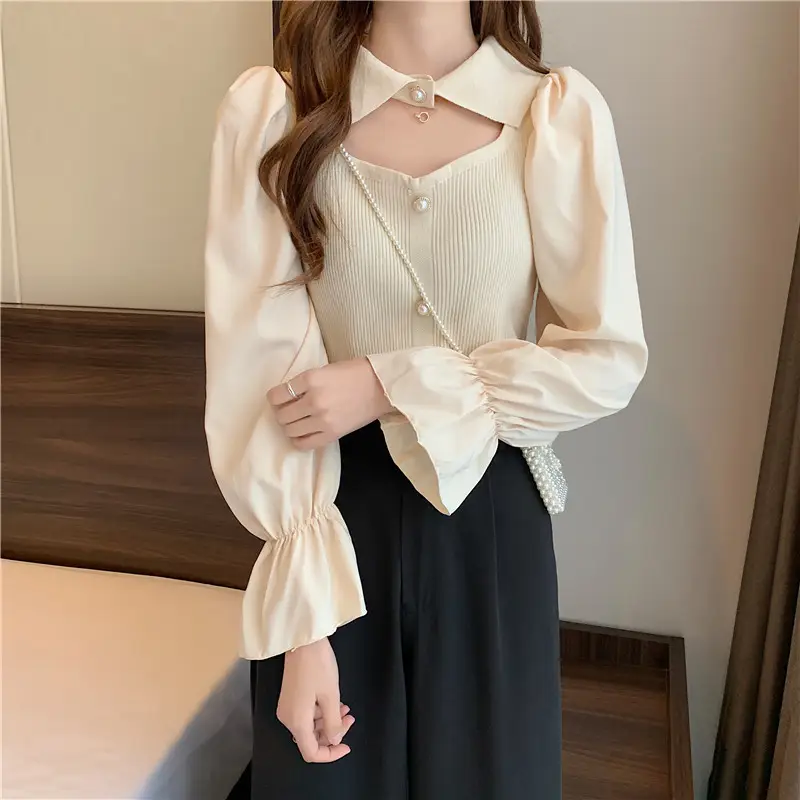 Black K-Style Puff Sleeve Shirt with Polo Collar — feature 23