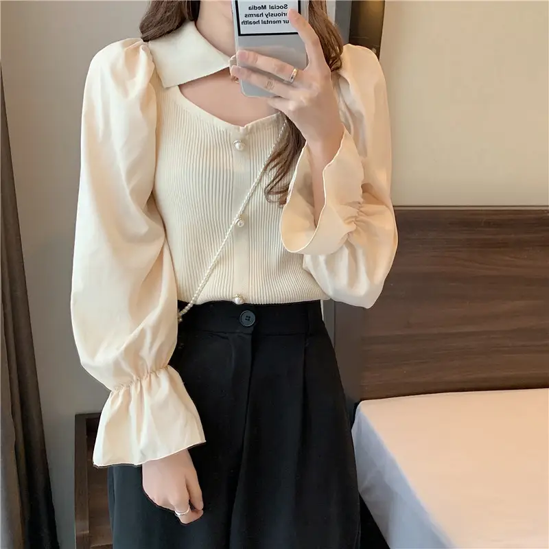 Black K-Style Puff Sleeve Shirt with Polo Collar — feature 24