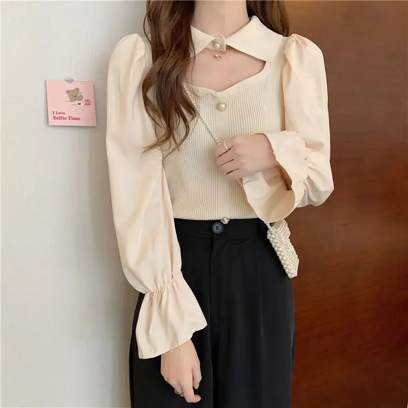 Black K-Style Puff Sleeve Shirt with Polo Collar — feature 25