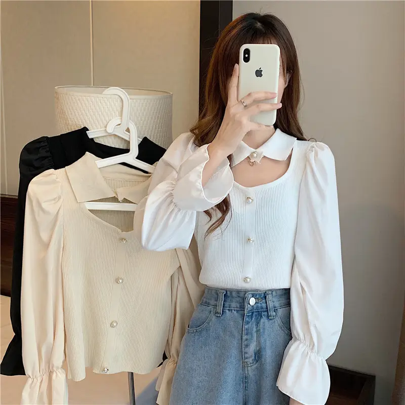 Black K-Style Puff Sleeve Shirt with Polo Collar — feature 26