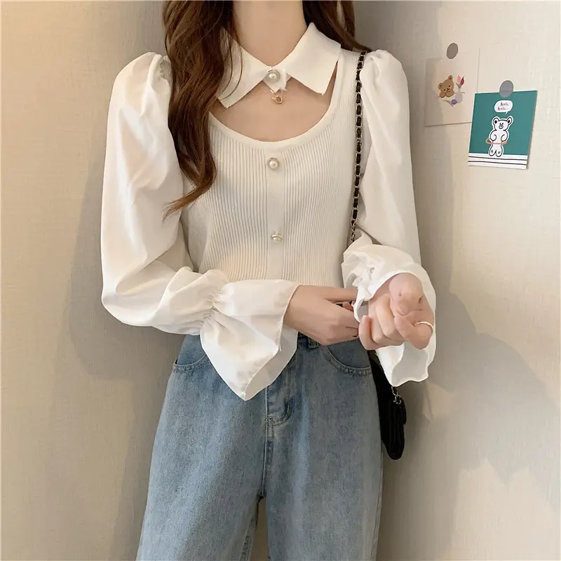 Black K-Style Puff Sleeve Shirt with Polo Collar — feature 3