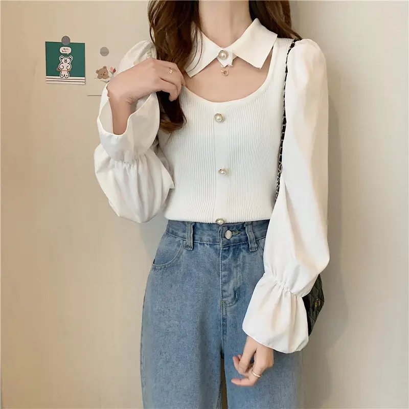 Black K-Style Puff Sleeve Shirt with Polo Collar — feature 4