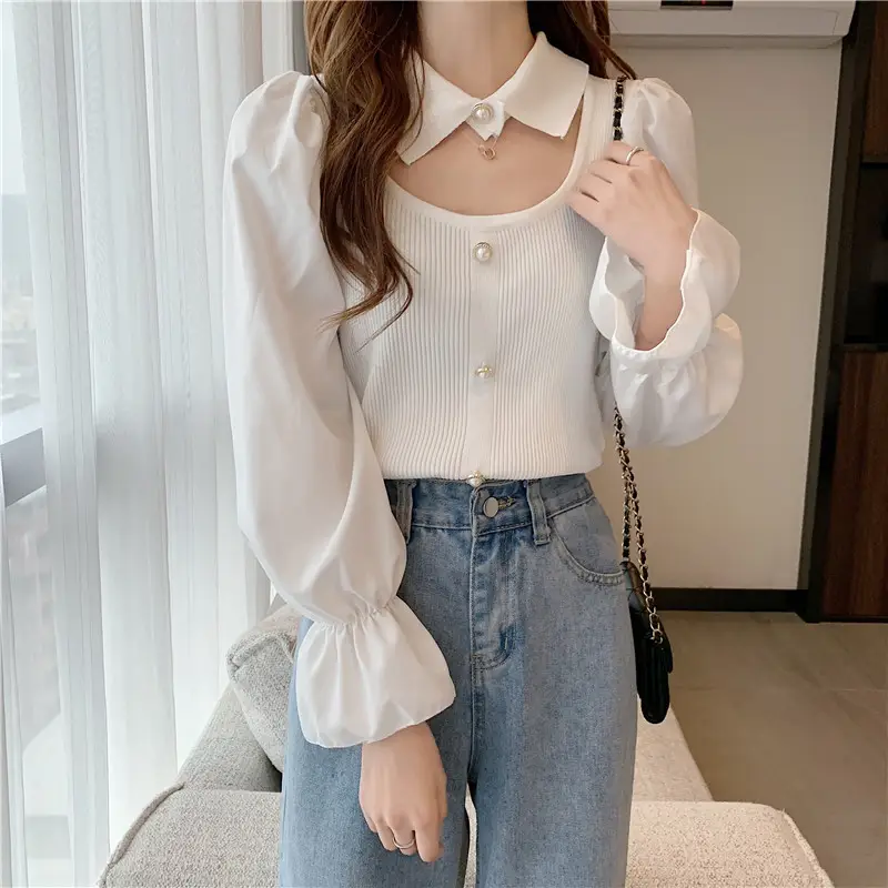 Black K-Style Puff Sleeve Shirt with Polo Collar — feature 5