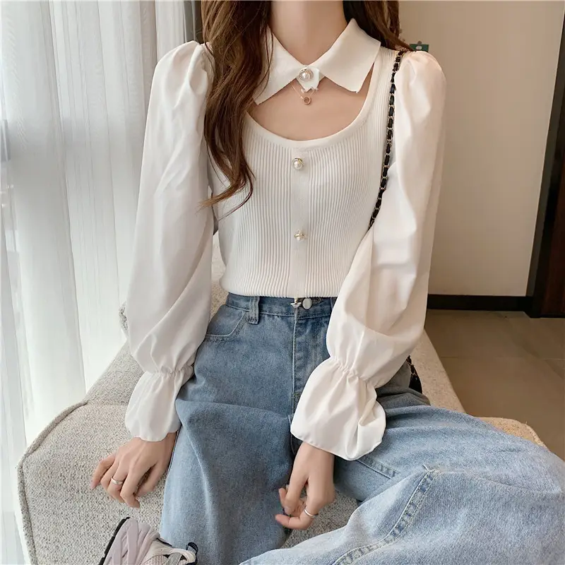 Black K-Style Puff Sleeve Shirt with Polo Collar — feature 6