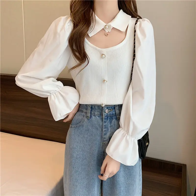 Black K-Style Puff Sleeve Shirt with Polo Collar — feature 7