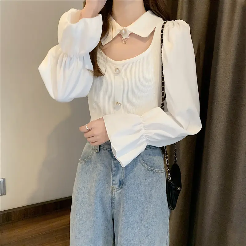 Black K-Style Puff Sleeve Shirt with Polo Collar — feature 8