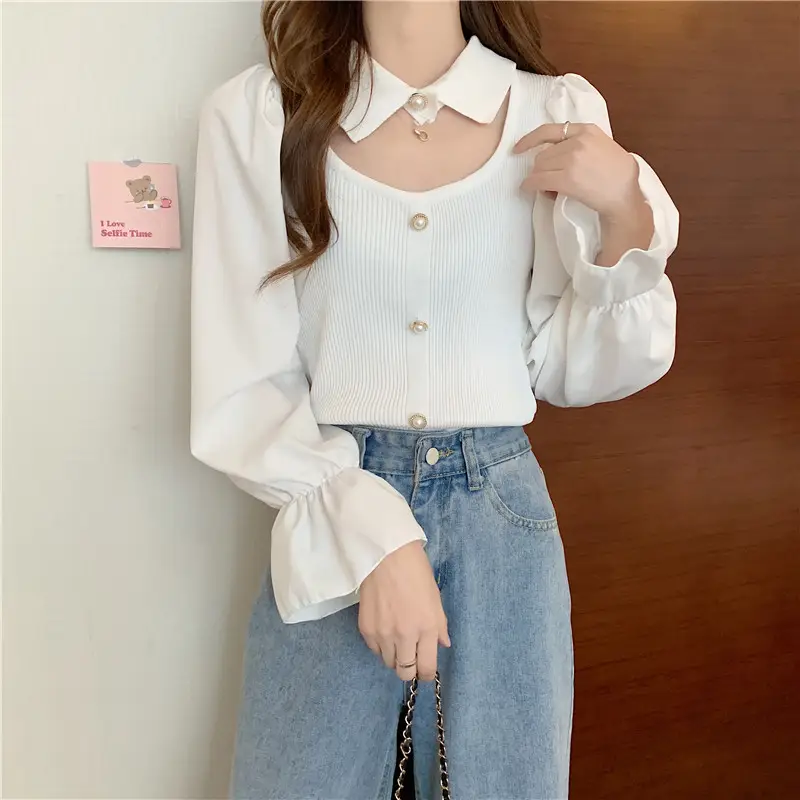 Black K-Style Puff Sleeve Shirt with Polo Collar — feature 9