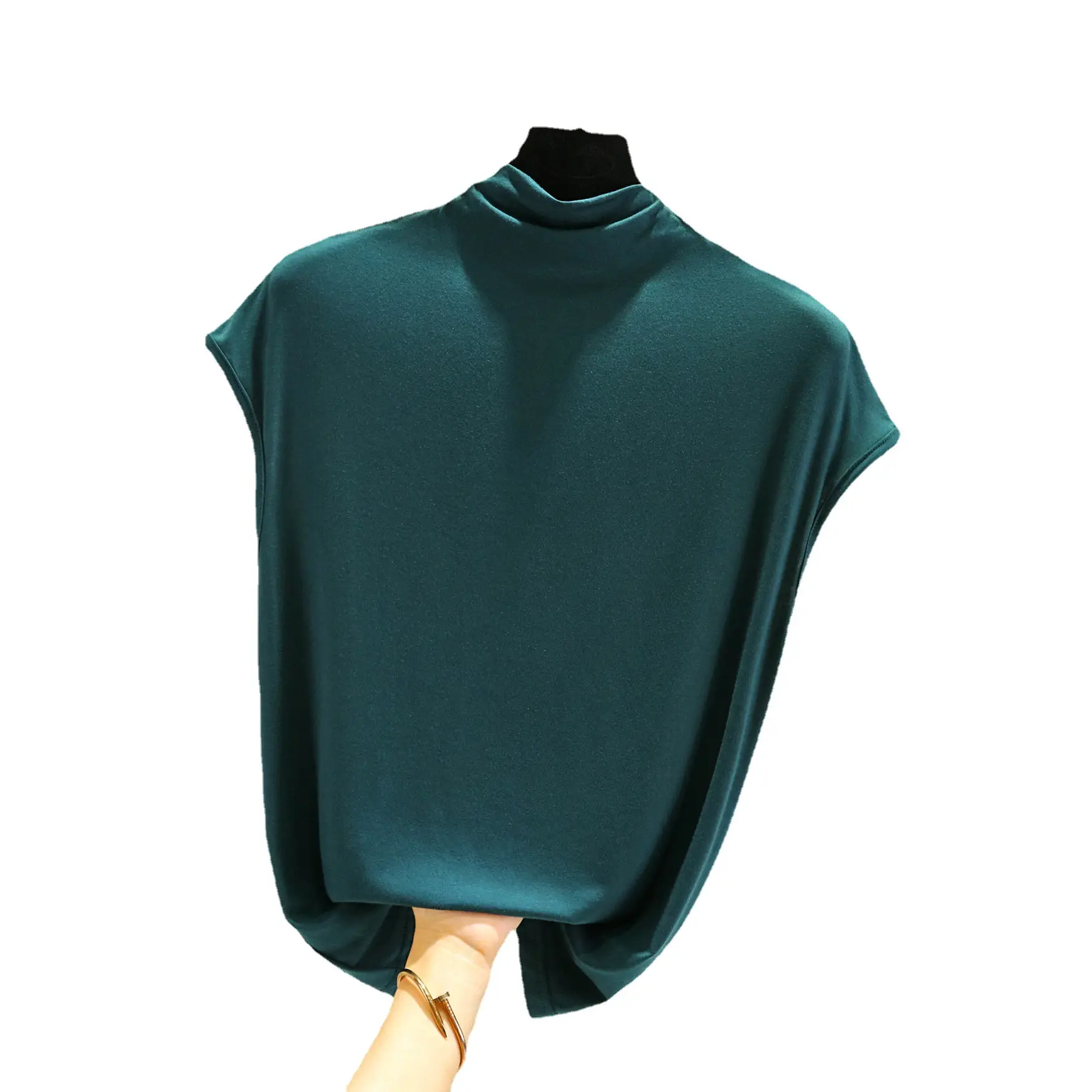 2022 Autumn Cotton Sleeveless Collar T-Shirt Teal - Image 17
