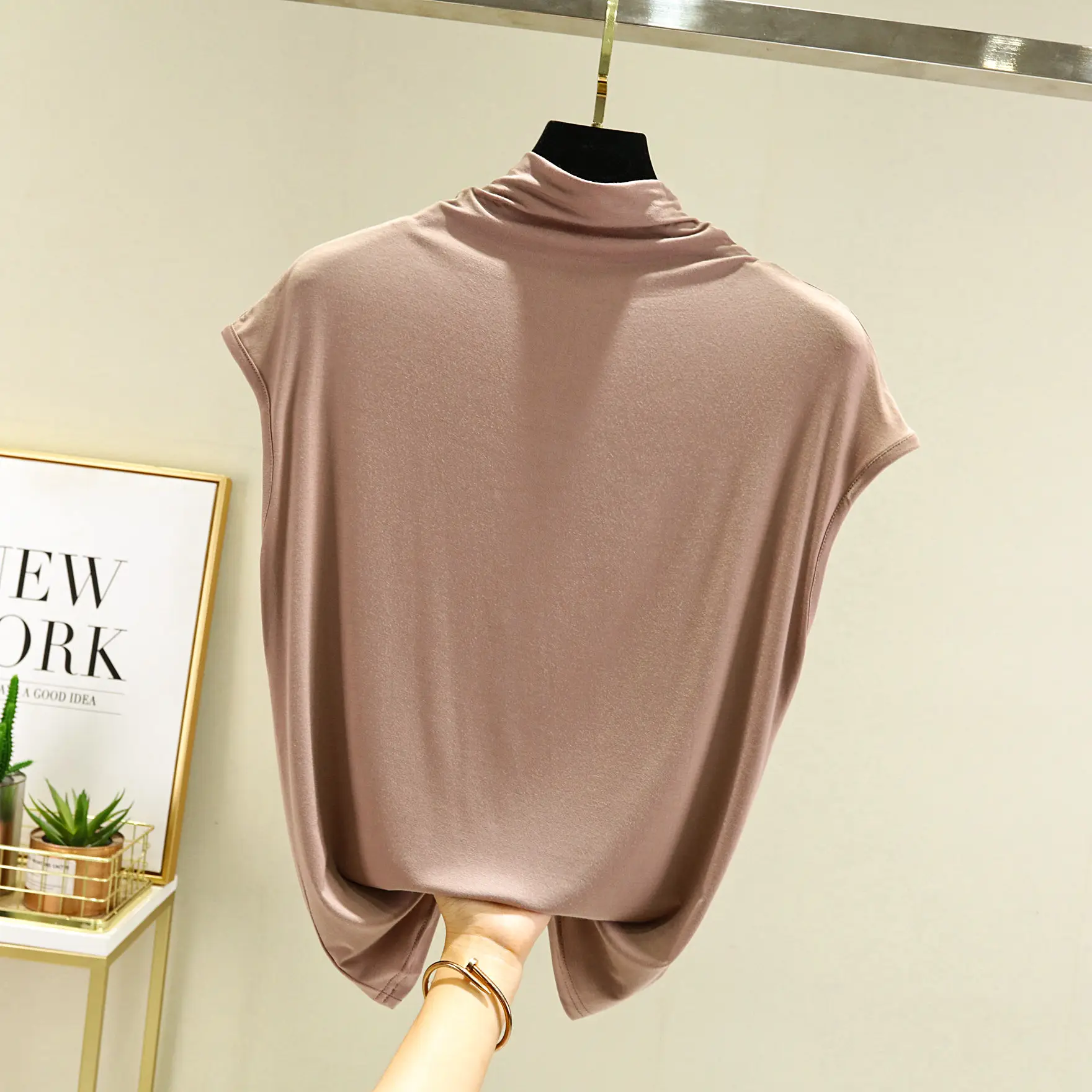 2022 Autumn Cotton Sleeveless Collar T-Shirt Teal - Image 4