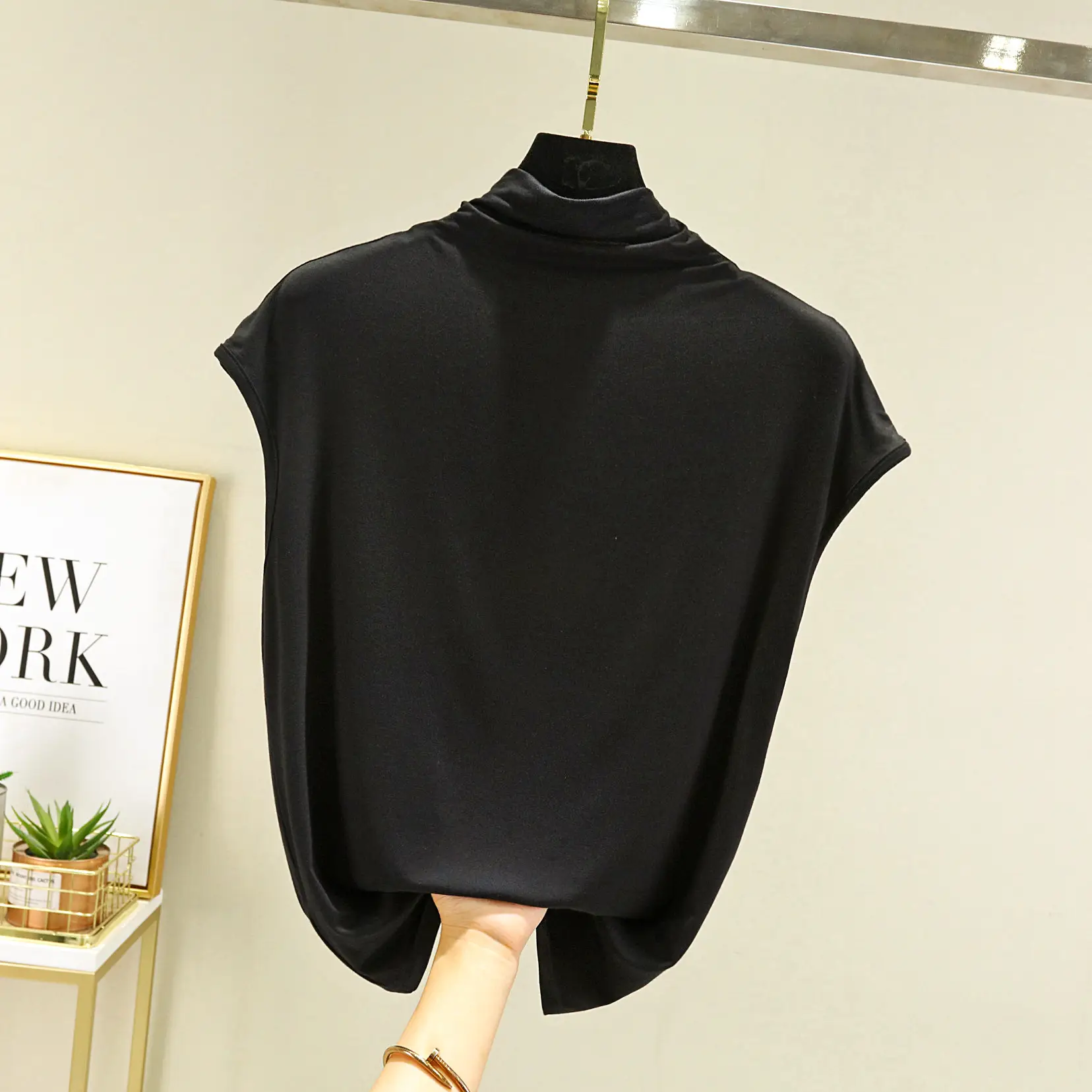 2022 Autumn Cotton Sleeveless Collar T-Shirt Teal - Image 9