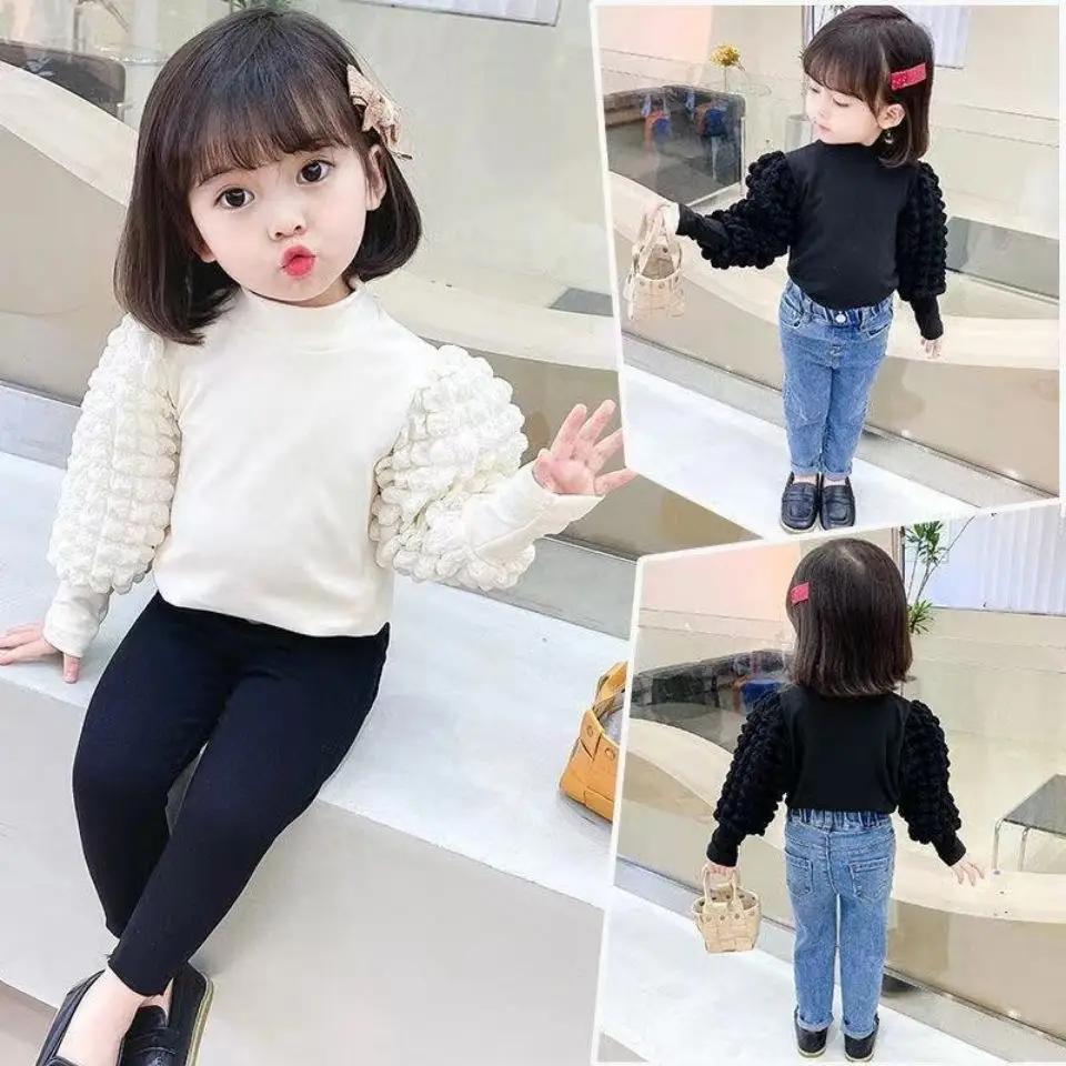 Girls' White Puff Sleeve Half-High Collar T-Shirt - Image 4
