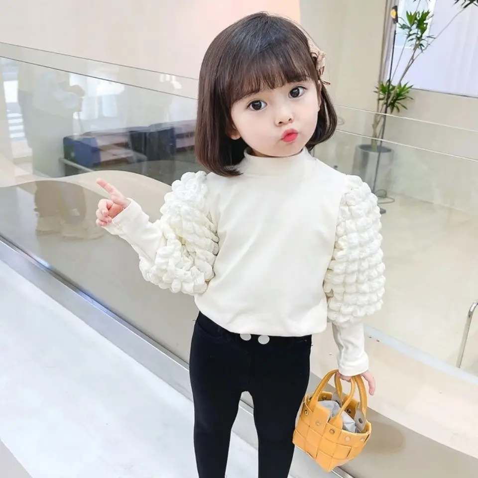 Girls' White Puff Sleeve Half-High Collar T-Shirt - Image 5