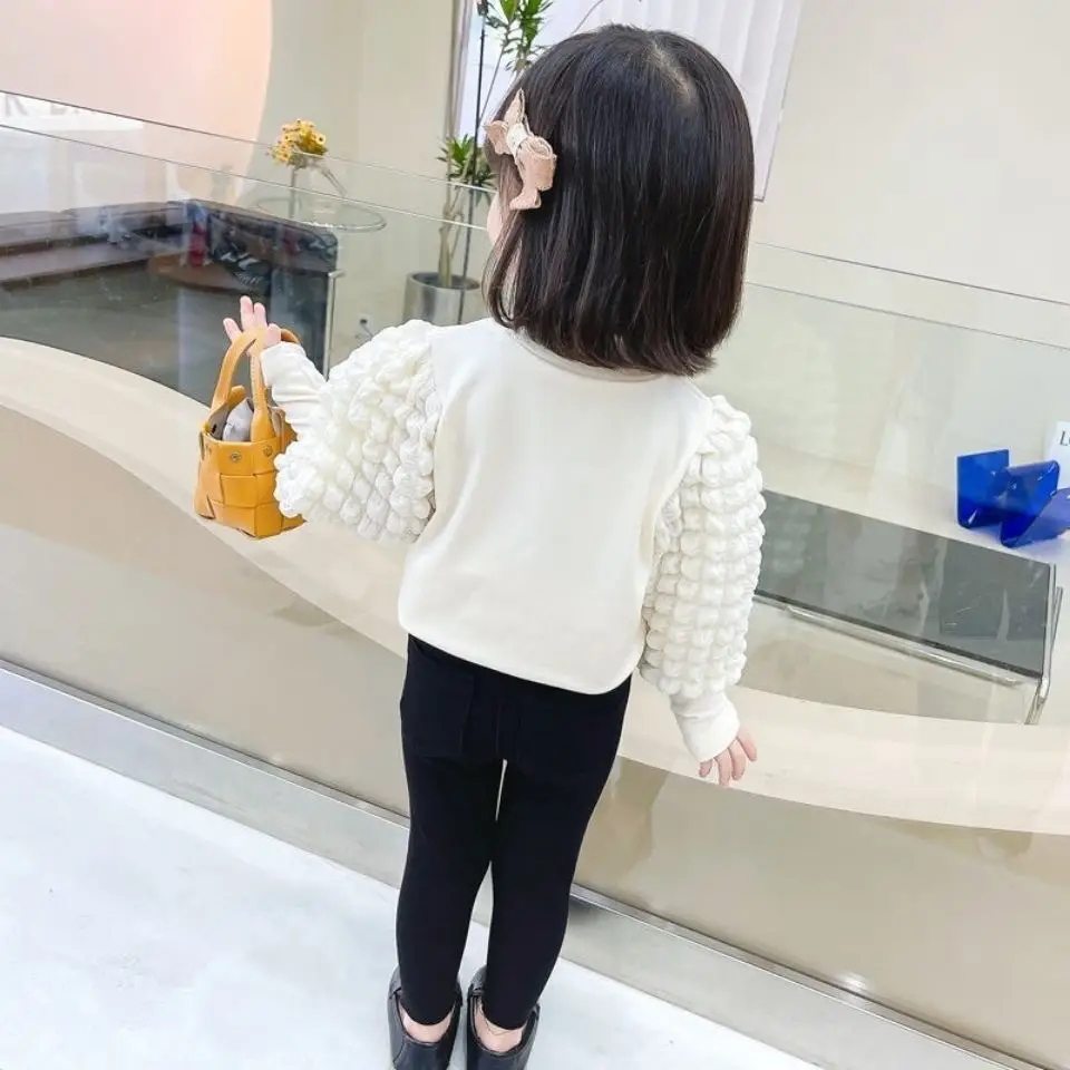 Girls' White Puff Sleeve Half-High Collar T-Shirt - Image 6