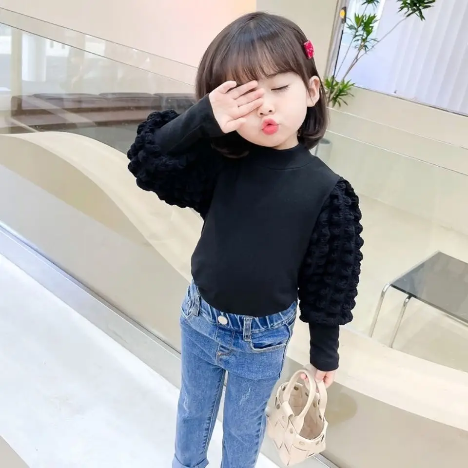 Girls' White Puff Sleeve Half-High Collar T-Shirt - Image 7