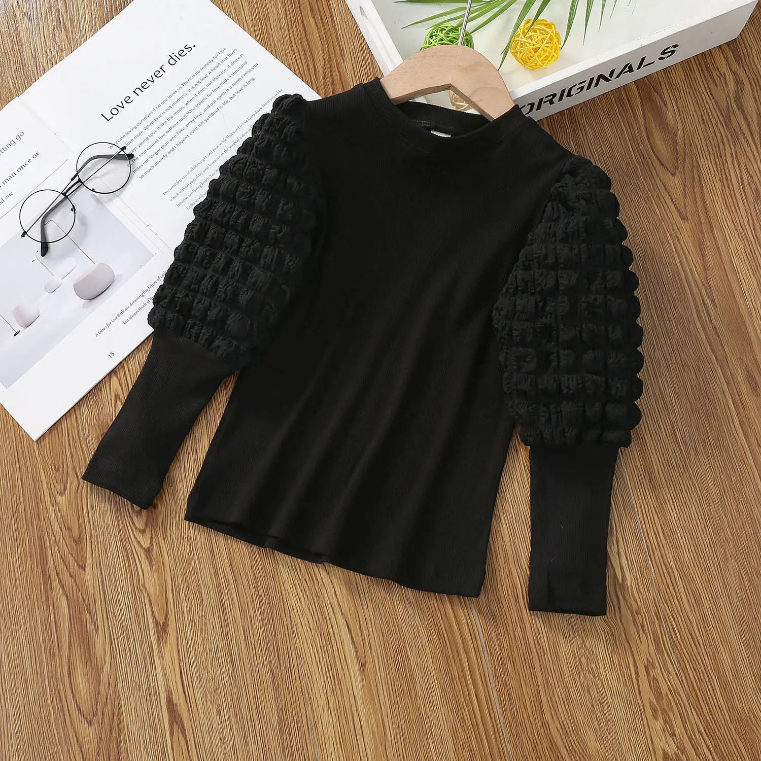 Girls' White Puff Sleeve Half-High Collar T-Shirt - Image 2