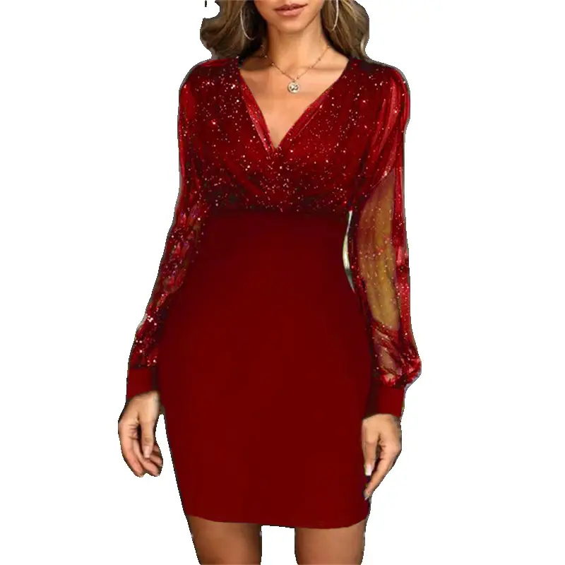 European American Cross-border Women's Sequin V-Neck Dress