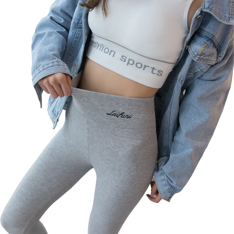 Gray Ribbed Leggings for Women Thin High Waist Embroidered - Image 8