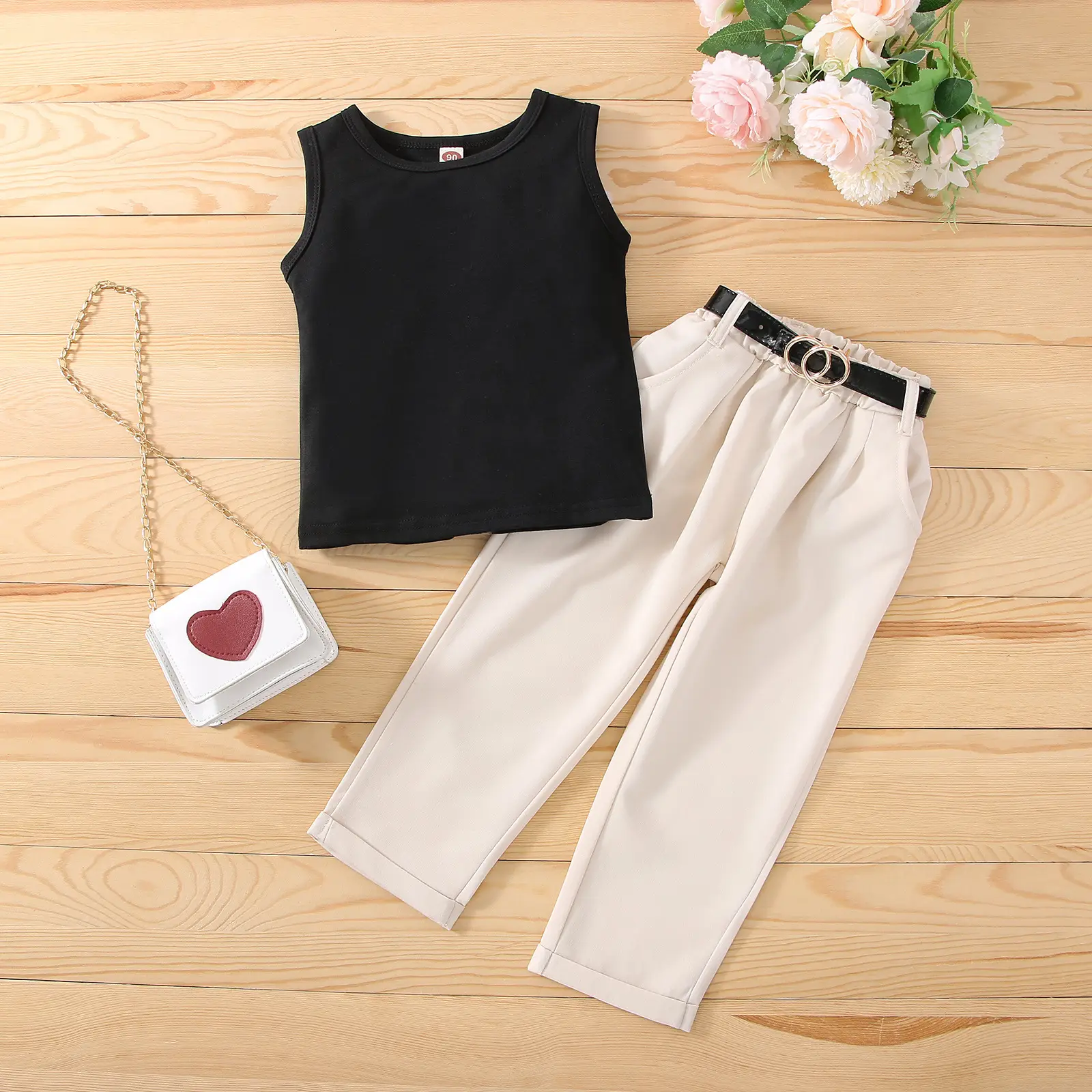 Black Sleeveless Vest & Cream Pants Set for Girls - Image 3