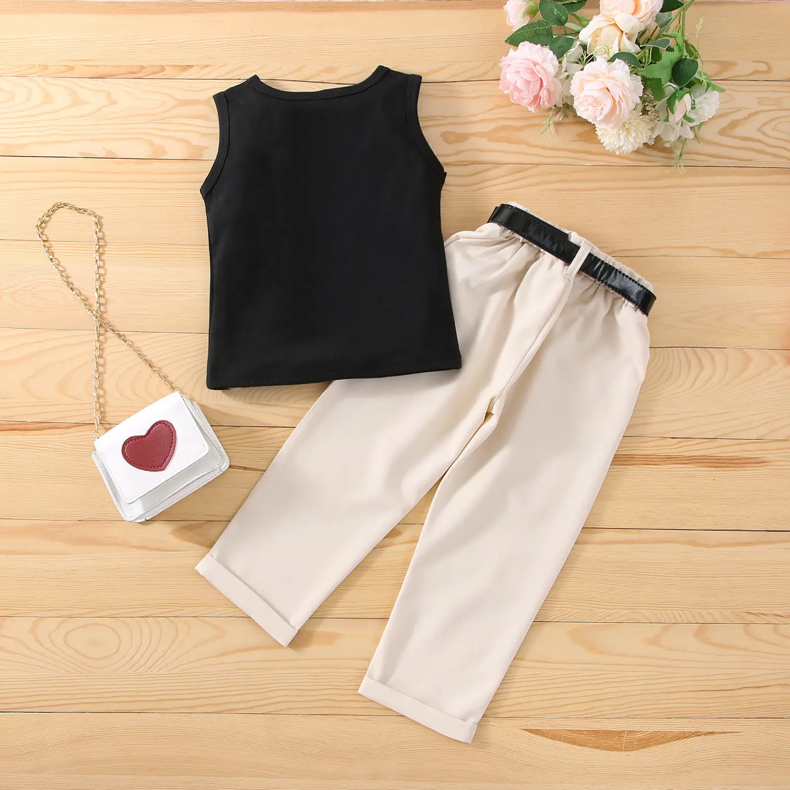 Black Sleeveless Vest & Cream Pants Set for Girls - Image 4