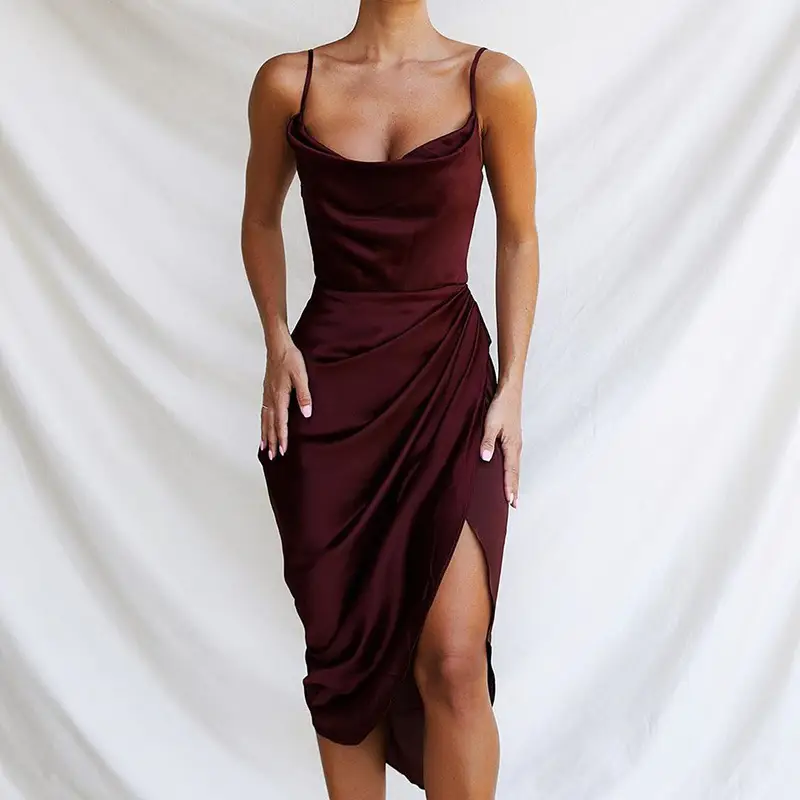 Green Satin Split Skirt Dress with High Slit — feature 10