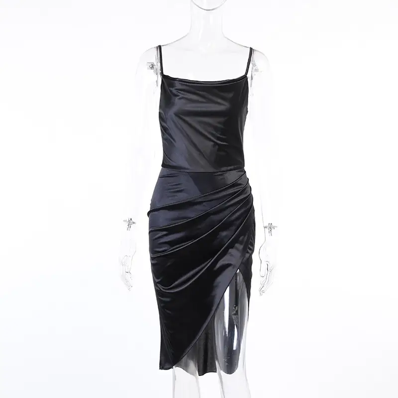 Green Satin Split Skirt Dress with High Slit — feature 12