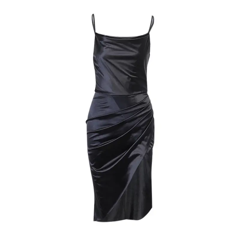 Green Satin Split Skirt Dress with High Slit — feature 13