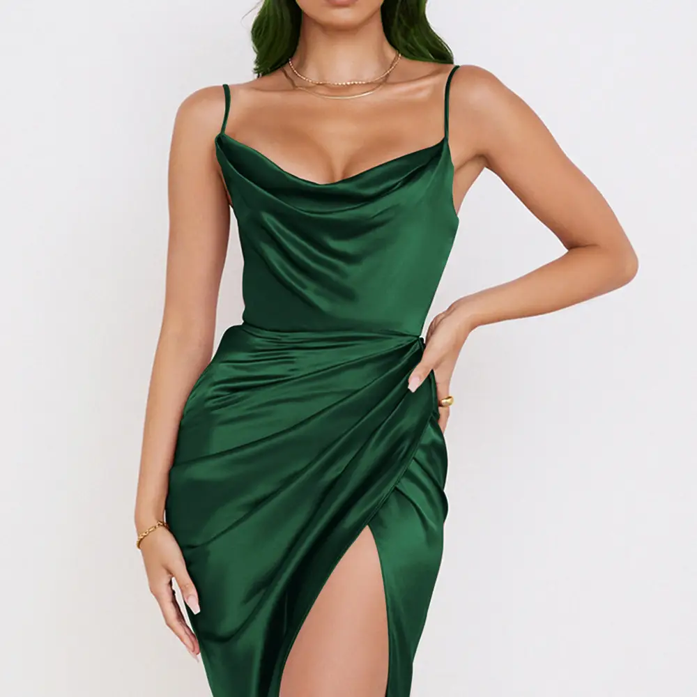 Green Satin Split Skirt Dress with High Slit — feature 15