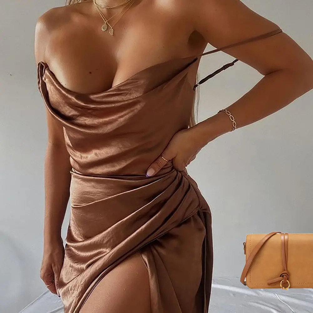 Green Satin Split Skirt Dress with High Slit — feature 22