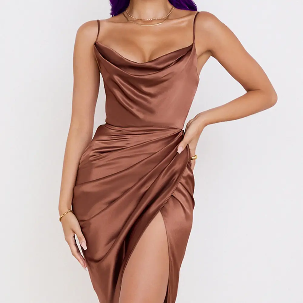 Green Satin Split Skirt Dress with High Slit — feature 26